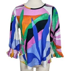 Chico’s Womens Tropical Block Print 3/4 Balloon Sleeve Top Size 1/Medium Travel